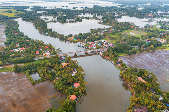 Aerial view of the backwaters, Kerala, India.