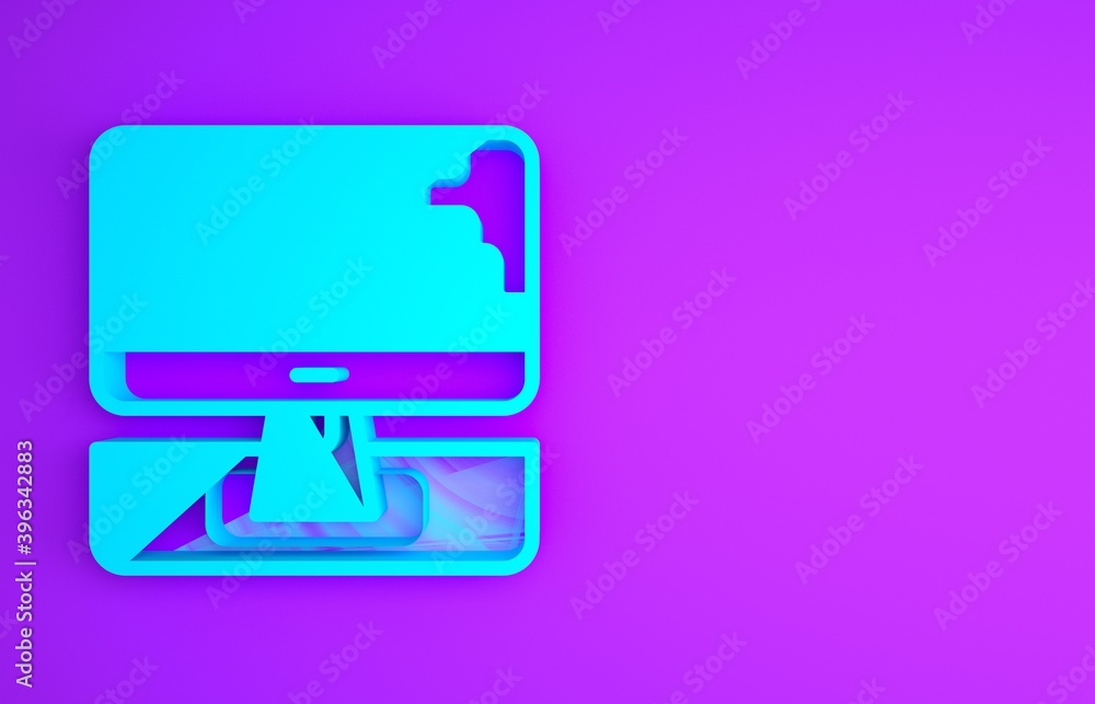 Sticker Blue Computer monitor and folded map with location marker icon isolated on purple background. Minimalism concept. 3d illustration 3D render.