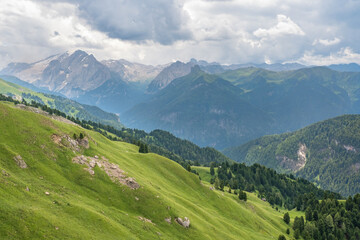 Fototapeta na wymiar Alps meadows on a slope in a mountainous landscape