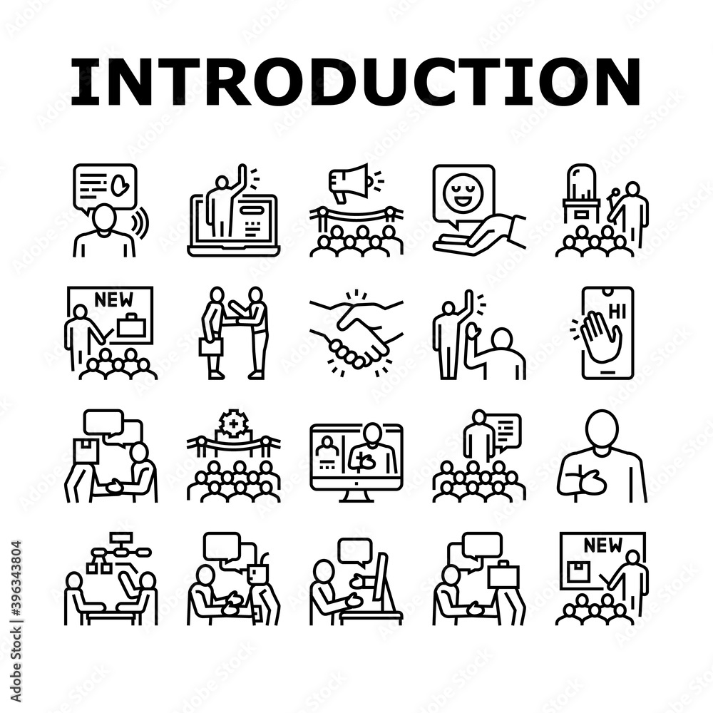 Poster introduction speech collection icons set vector. new product and business case presentation, employe