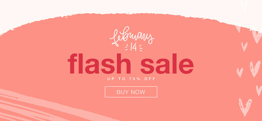 Valentine’s day flash sale peach pink abstract web site banner, shop cover template. Hand lettered February 14 text, drawn hearts and brush strokes under the mask for on-line store promotion.