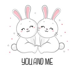 Valentine's day card with illustration of cute couple hand drawn rabbits. Romantic greeting card