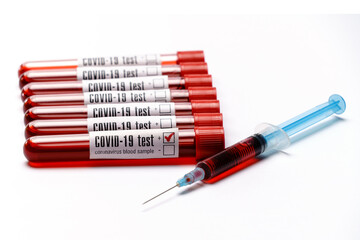 Fototapeta premium Blood test tube with red plug isolated on white background