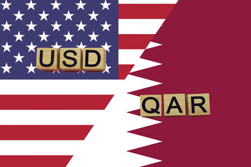 USA and Qatar currencies codes on national flags background