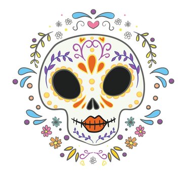 Vector sugar skull with marigold flowers wreath illustration in watercolor style. Dia de los muertos day. Halloween poster background, greeting card or t-shirt design on white backdrop