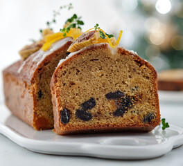 Beautiful delicious homemade Christmas dried fruit cake on grey table with decorating items for celebrating festive season.