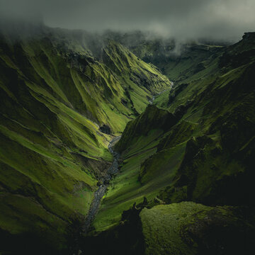 Aerial view of stunning valley landscape and river in the Southern region, Iceland.