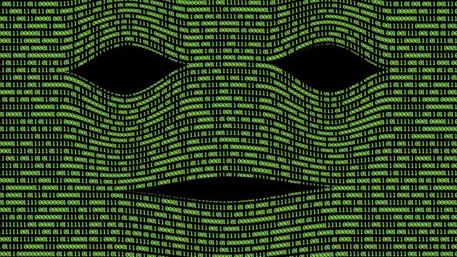 Futuristic mask with green digits talking on black background. Green digital data code numbers on black background