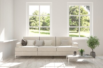Fototapeta premium White living room with sofa and summer landscape in window. Scandinavian interior design. 3D illustration