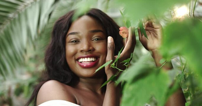 Beautiful smiling confident young african american ethnic woman beautiful face looking at camera, posing alone in nature, happy millennium african ethnicity girl student professional close up front