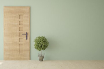 Empty room ith wooden door and home plant. Scandinavian interior design. 3D illustration