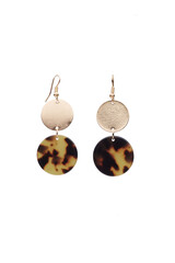 Subject shot of two earrings with pendants. Each earring is made as golden disc with hanging round plate of tortie stone. The pair of earrings is isolated on the white backdrop.