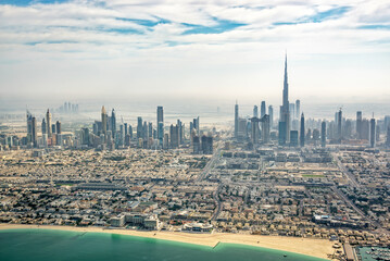Aerial view of Dubai skyline and beach, United Arab Emirates