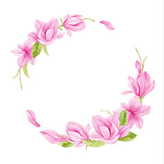 Magnolia watercolor wreath isolated illustration on white background.