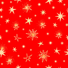 Naklejka na ściany i meble Red seamless pattern with beautiful gold stars. Vector illustration. Wrapping paper.