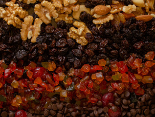 dried fruits, nuts and chocolate
