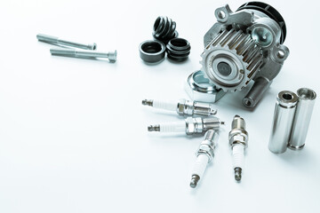 Auto mechanic. Set of new metal car part. Auto motor mechanic spare or automotive piece isolated on white background. Automobile engine service.