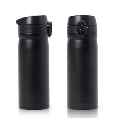 Black steel thermo water bottle mockup isolated on white background with clipping path.