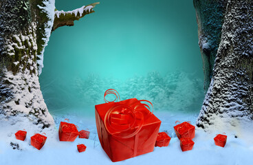 Red gift boxes under snowy trees with broken branch. Blue winter forest background. New Year holidays concept
