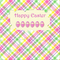 A square card design illustration of a jigsaw in pastel tartan fabric with pieces removed to reveal eggs and the message Happy Easter.