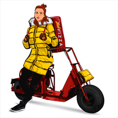 Pizza delivery girl  with a moped on the white background - 396349262
