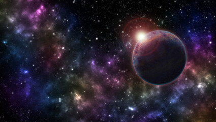 3d fantasy galaxy space universe illustration with planet, colored nebula and clusters of stars.