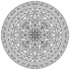 drawn mandala with ornaments of geometric figures on a white background for coloring, vector, coloring book