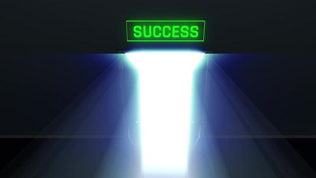 Door to success opening in the dark, bright light shining through, triumph. The road to success, final achievement
