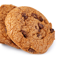 Two chocolate chip cookies isolated on white background