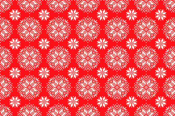 Winter Holiday Pixel Pattern. Seamless Snowflakes Ornament. Scheme for Knitted Sweater Pattern Design.