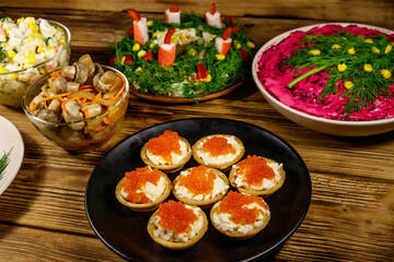 Christmas dinner set of food on a wooden table