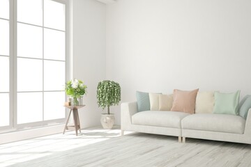 White living room with sofa. Scandinavian interior design. 3D illustration