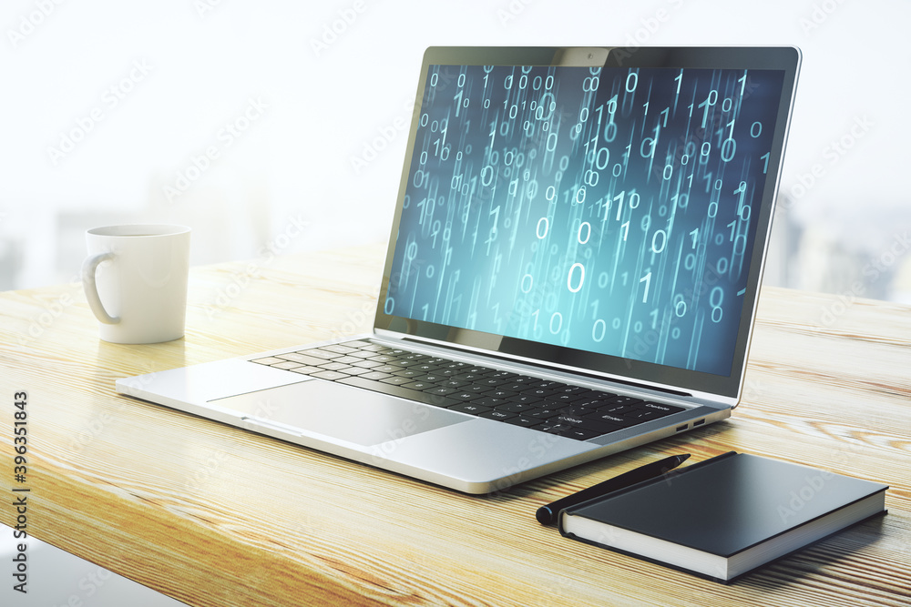 Poster Creative concept of binary code illustration on modern laptop screen. Big data and coding concept. 3D Rendering