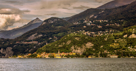 Scenic photo of beautiful Lake Como, Italy. View across the lake from Bellagio to Fiumelatte.