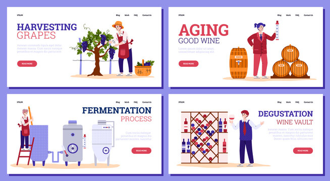 Set of web banners for winery with winemakers harvesting grapes and producing wine, flat vector illustration isolated. Landing web pages collection for wine production.