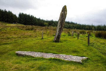 Knocknakilla stone circle situated between Macroom and Millstreet, in County Cork, Ireland. It is set in blanket peatland on the north-west upper slopes of Musherabeg mountain a