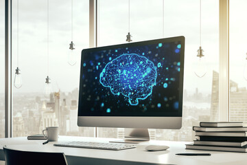 Modern computer monitor with creative artificial Intelligence symbol. Neural networks and machine learning concept. 3D Rendering