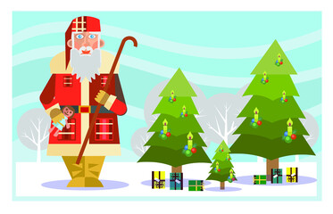 vintage Santa in the forest with Christmas trees