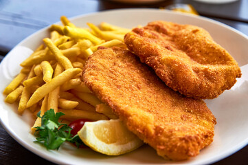 French fries with Wiener schnitzel in Italian rifugio in the Dolomite Alps
