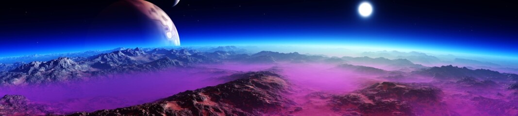 Beautiful alien landscape from low orbit, panorama of another planet at sunset, 3D rendering - obrazy, fototapety, plakaty