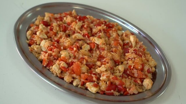 Djuvec Composing Of Chicken, Tomatoes And Rice In Big Oval Plate - Static, Close Up