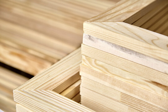 Stretcher bars, stack of wooden frames for canvas wrap