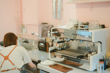 refreshment activity in summer from asian woman owner brewing ice dalgona with coffee maker background