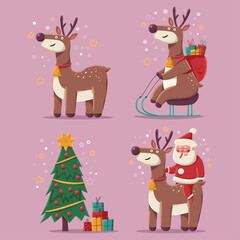 Obraz na płótnie Canvas Cute Christmas reindeer vector cartoon characters set isolated on background.