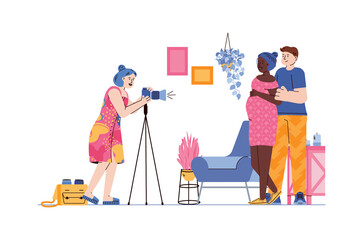 Professional photography shooting of marriage couple scene. Photo session and photo shooting services, flat cartoon vector illustration on white background.