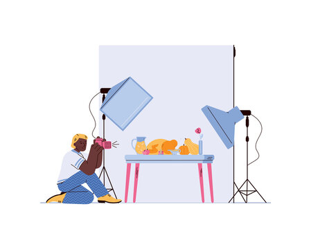 Professional product or magazine photographer making shoot of food, flat cartoon vector illustration. Product photo shooting for magazines and web sites.