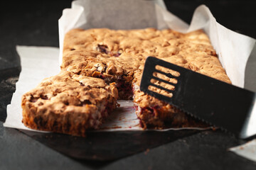 Apple pie on the black background. Homemade fresh pie on baking paper