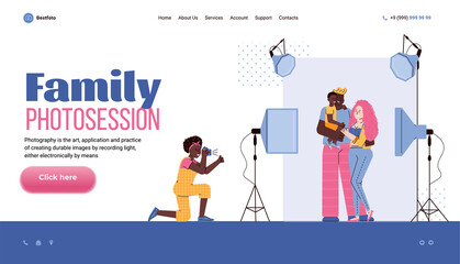Landing page template for photo studio. Professional photographer with digital camera taking pictures of happy parents with son. Family photosession on memory. Vector illustration.
