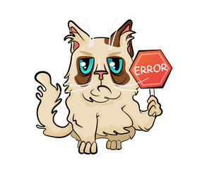 Cartoon cat with error sign in the hand. Concept of character for error page.  Cartoon vector cat isolated on white. 