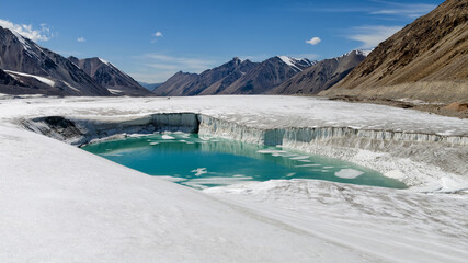 A lake on Semenov Glacier at sunny day. Central Tian Shan, Kyrgyzstan.